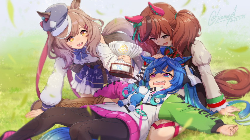 3girls ahoge animal_ears beret blue_hair bodysuit breasts brown_eyes brown_hair commentary_request dated grass hair_ornament hairclip hat highres holding_trophy horse_ears horse_girl horse_tail long_hair matikane_tannhauser_(umamusume) medium_breasts medium_hair multiple_girls nice_nature_(umamusume) open_mouth saliva shinmai_(kyata) sweat sweater tail teeth twin_turbo_(umamusume) twitter_username umamusume upper_teeth_only white_background