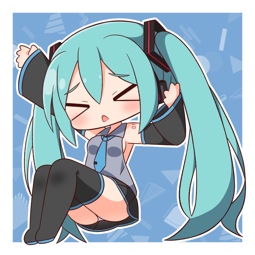 &gt;_&lt; 1girl aqua_hair arm_up ass bare_shoulders black_footwear black_skirt black_sleeves blue_background blue_necktie blush boots breasts chibi closed_eyes collared_shirt detached_sleeves facing_viewer full_body grey_shirt hair_between_eyes hana_kazari hand_up hatsune_miku headphones highres long_sleeves necktie open_mouth outline outstretched_arm panties pleated_skirt shirt skirt sleeveless sleeveless_shirt sleeves_past_wrists small_breasts solo thick_eyebrows thigh_boots tie_clip twintails underwear vocaloid white_outline white_panties wide_sleeves