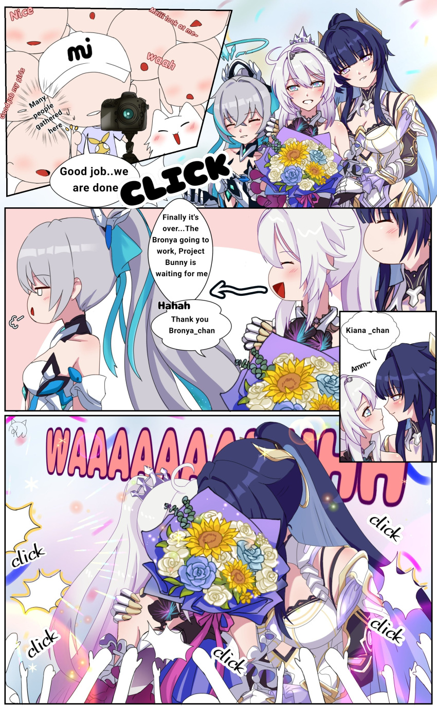3girls :d :o absurdres ahoge animal armor bare_shoulders black_flower blue_flower blush bouquet breasts bronya_zaychik bronya_zaychik_(herrscher_of_truth) camera cat closed_eyes closed_mouth couple crown derivative_work english_commentary english_text faceless flower grey_hair halo hand_on_another's_shoulder high_ponytail highres homu_(honkai_impact) honkai_(series) honkai_impact_3rd kiana_kaslana kiana_kaslana_(herrscher_of_finality) kiss kudayunii large_breasts multicolored_hair multiple_girls open_mouth parted_bangs ponytail raiden_mei raiden_mei_(herrscher_of_origin) shirt smile streaked_hair sunflower taking_picture upper_body white_armor white_cat white_footwear white_hair yellow_flower yuri