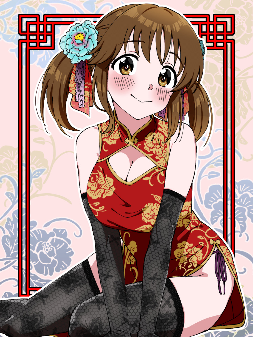 1girl bare_shoulders black_gloves black_thighhighs blue_flower blush bow breasts brown_eyes brown_hair china_dress chinese_clothes cleavage cleavage_cutout closed_mouth clothing_cutout dr._gero_(staedtler_0508) dress elbow_gloves floral_background floral_print flower gloves hair_bow hair_flower hair_ornament hair_ribbon highres idolmaster idolmaster_cinderella_girls idolmaster_cinderella_girls_starlight_stage large_breasts long_hair looking_at_viewer panty_straps pelvic_curtain pink_background print_dress print_gloves print_thighhighs red_dress red_ribbon ribbon side_slit sitting sleeveless sleeveless_dress smile solo thighhighs totoki_airi twintails