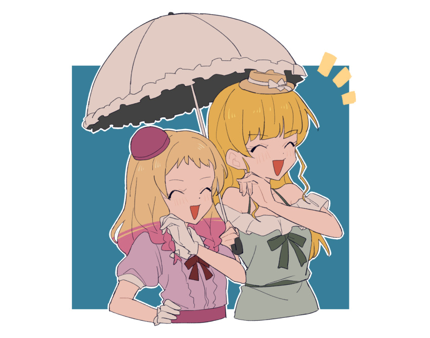 2girls :d bare_shoulders blonde_hair blue_background blunt_bangs blush border bow bowtie closed_mouth coldcat. collarbone cropped_torso dot_nose dress flat_color forehead frilled_dress frilled_umbrella frills gloves green_bow green_bowtie green_dress grey_umbrella hand_on_own_cheek hand_on_own_face hand_on_own_hip heanna_sumire holding holding_umbrella layered_clothes long_hair love_live! love_live!_superstar!! multicolored_hair multiple_girls notice_lines off-shoulder_dress off_shoulder ojou-sama_pose onitsuka_natsumi open_mouth outside_border pink_hair pink_shirt puffy_short_sleeves puffy_sleeves raised_eyebrows red_bow red_bowtie shirt short_bangs short_sleeves side-by-side sidelocks smile two-tone_hair umbrella white_border white_gloves white_shirt