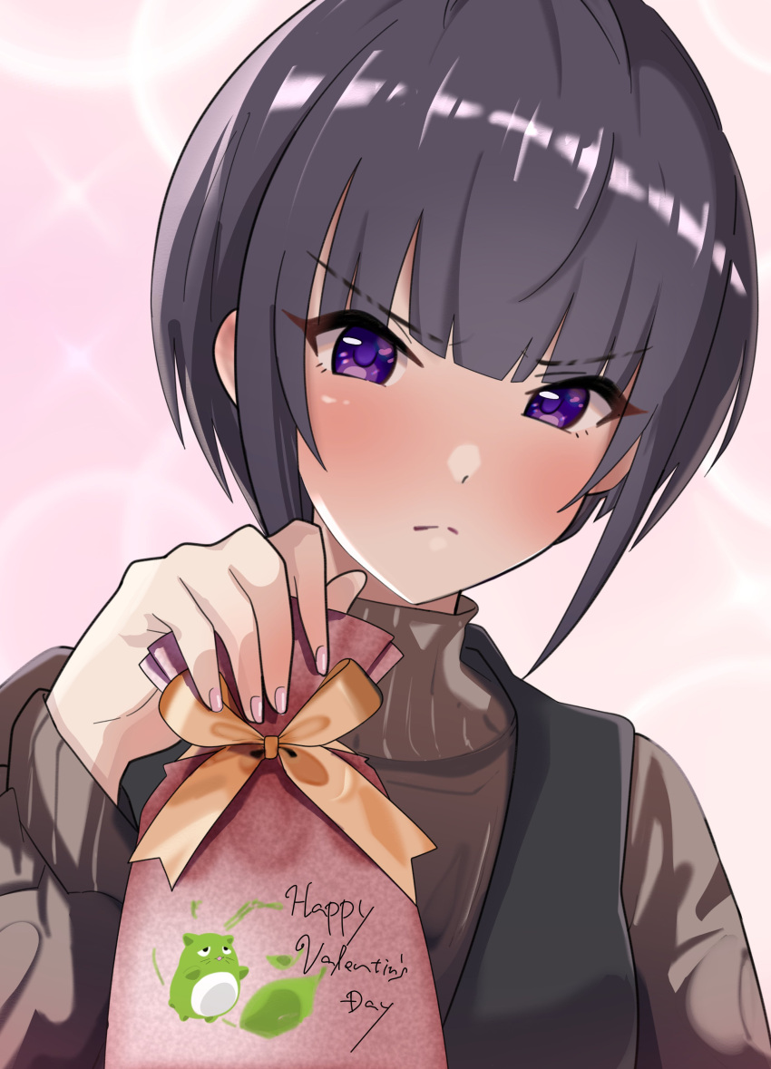 1girl absurdres black_hair blunt_bangs blush bob_cut brown_sweater chocolate closed_mouth dot_nose flat_chest food hand_up highres holding holding_chocolate holding_food idolmaster idolmaster_cinderella_girls idolmaster_cinderella_girls_starlight_stage long_sleeves looking_at_viewer mitche nail_polish pina_korata pink_background pink_nails purple_eyes shirayuki_chiyo short_hair shy solo sparkle sweater upper_body v-shaped_eyebrows valentine