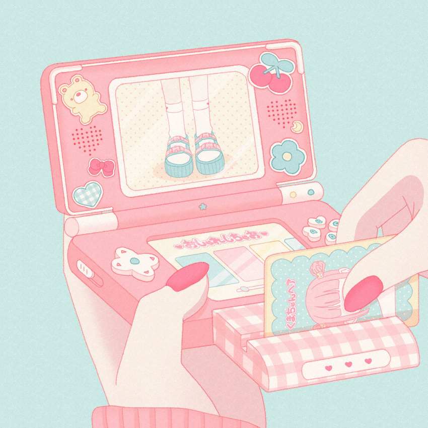 1girl blue_background blue_footwear bow card card_reader cherry commentary crescent fingernails flower food fruit handheld_game_console heart highres holding holding_card holding_handheld_game_console long_sleeves nail_polish nekomaru0817 nintendo_ds original pastel_colors pink_nails plaid pov pov_hands sandals simple_background sleeves_past_wrists socks solo sticker symbol-only_commentary white_socks