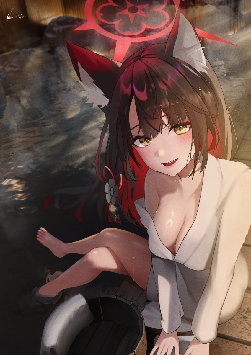 1girl absurdres animal_ear_fluff animal_ears bare_legs barefoot black_hair blue_archive blurry blurry_background blush breasts bucket cleavage colored_inner_hair crossed_legs dress fox_ears halo highres large_breasts looking_at_viewer luenar multicolored_hair onsen red_eyes refraction signature single_bare_shoulder sitting smile solo steam two-tone_hair wakamo_(blue_archive) white_dress wooden_bucket yellow_eyes