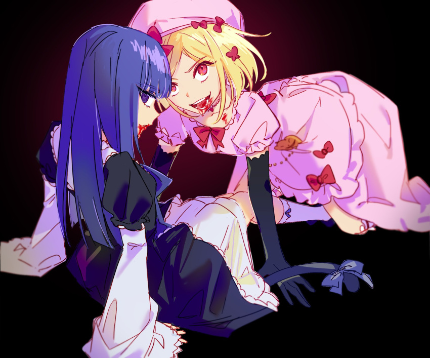 2girls beret blonde_hair blood blood_on_mouth blue_hair blunt_bangs cat_tail cosplay dress frederica_bernkastel frederica_bernkastel_(cosplay) hat highres lambdadelta lolita_fashion long_hair long_sleeves looking_at_viewer multiple_girls pink_dress purple_eyes red_eyes short_hair sitting smile tail tof55832292 umineko_no_naku_koro_ni