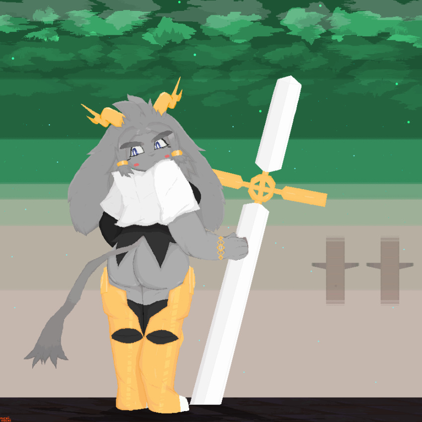 absurd_res animal_humanoid anthro armor big_butt big_ears blush bovid breasts bubble_butt butt caprine clothed clothing cute_expression detailed detailed_background detailed_fur digital_media_(artwork) female fur goat grey_body grey_fur hair hi_res holding_object holding_weapon horn humanoid hybrid mammal mammal_humanoid melee_weapon pachiimochii pixel_(artwork) pixelated pseudoregalia pyxeledit_(software) ranged_weapon simple_background sky smile solo star sword sybil_(pseudoregalia) tail text thick_thighs thighs_together weapon wide_hips