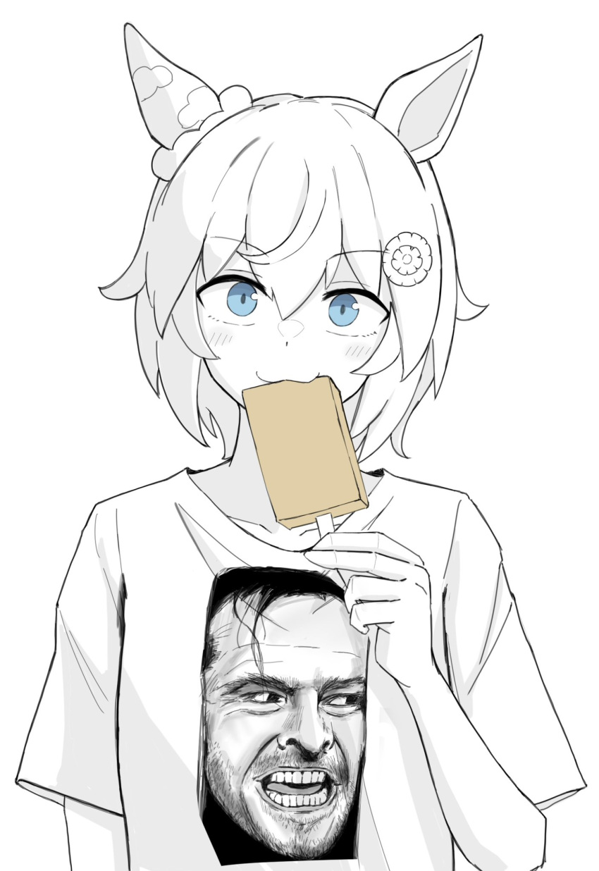 1boy 1girl :3 animal_ears blue_eyes closed_mouth commentary_request ear_covers eating food greyscale hair_between_eyes hair_ornament hairclip here's_johnny!_(meme) highres holding holding_food holding_popsicle horse_ears horse_girl jack_torrance looking_at_viewer meme miya_nns35 monochrome open_mouth popsicle print_shirt seiun_sky_(umamusume) shirt short_hair short_sleeves simple_background single_ear_cover spot_color teeth the_shining umamusume white_background