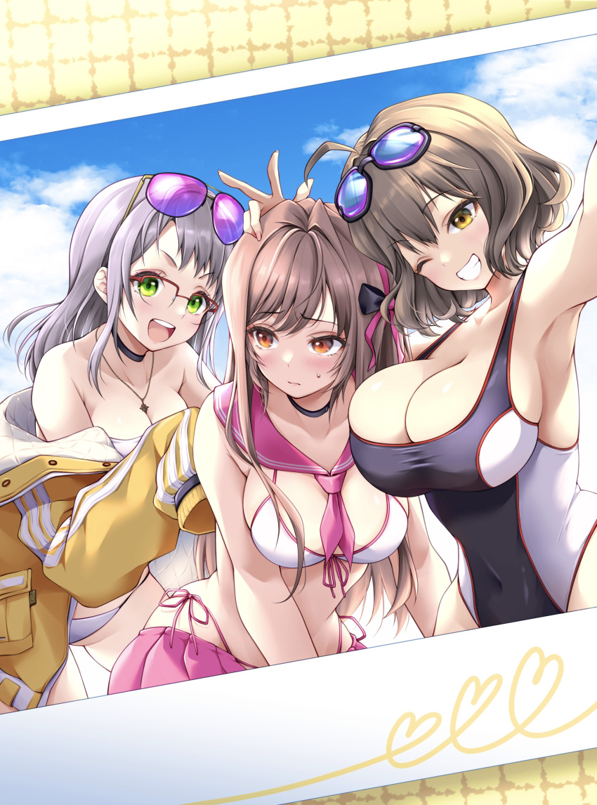 3girls :d absurdres ahoge anis_(nikke) anis_(nikke)_(cosplay) anis_(sparkling_summer)_(nikke) arm_up armpits aviator_sunglasses bare_shoulders bikini bikini_skirt black_choker black_one-piece_swimsuit blue_sky blush breasts brown_eyes brown_hair choker cleavage closed_mouth cloud collarbone commentary_request competition_swimsuit cosplay costume_switch counters_(nikke) covered_navel day eyepatch_bikini eyewear_on_head front-tie_bikini_top front-tie_top glasses goddess_of_victory:_nikke goggles goggles_on_head green_eyes grin group_picture hair_between_eyes hair_ornament hand_on_another's_head highleg highleg_bikini highleg_swimsuit highres jacket jewelry large_breasts long_hair looking_at_another looking_at_viewer medium_breasts midriff multiple_girls neckerchief necklace neon_(blue_ocean)_(nikke) neon_(nikke) neon_(nikke)_(cosplay) off_shoulder official_alternate_costume one-piece_swimsuit one_eye_closed open_mouth over-rim_eyewear photo_(object) pink-tinted_eyewear pink_neckerchief pink_sailor_collar pink_skirt piyopiyomaru_(piyo8823) rapi_(classic_vacation)_(nikke) rapi_(nikke) rapi_(nikke)_(cosplay) red_eyes sailor_collar semi-rimless_eyewear short_hair side-tie_bikini_bottom sidelocks skirt sky smile standing star_(symbol) star_necklace sunglasses sweat swim_goggles swimsuit teeth tinted_eyewear two-tone_swimsuit v white_bikini white_hair white_one-piece_swimsuit yellow_jacket