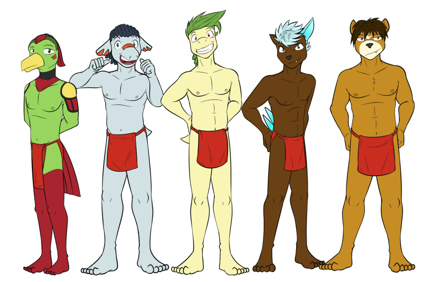 3:2 anthro anthrofied bayleef bottomwear clothed clothing fuze generation_2_pokemon group hi_res loincloth loincloth_only male navel nintendo nipples phanpy pokemon pokemon_(species) pokemorph sneasel teddiursa topless xatu