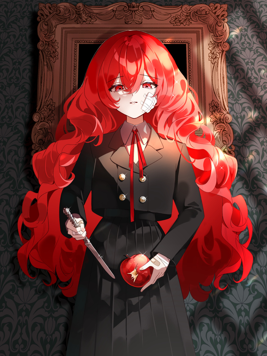 1girl absurdres apple bandages bandaid black_jacket chilcy35 floral_print food fruit hair_between_eyes highres holding holding_knife jacket knife long_hair long_skirt original picture_frame pleated_skirt red_eyes red_hair ribbon skirt solo standing tearing_up tears wallpaper_(object)