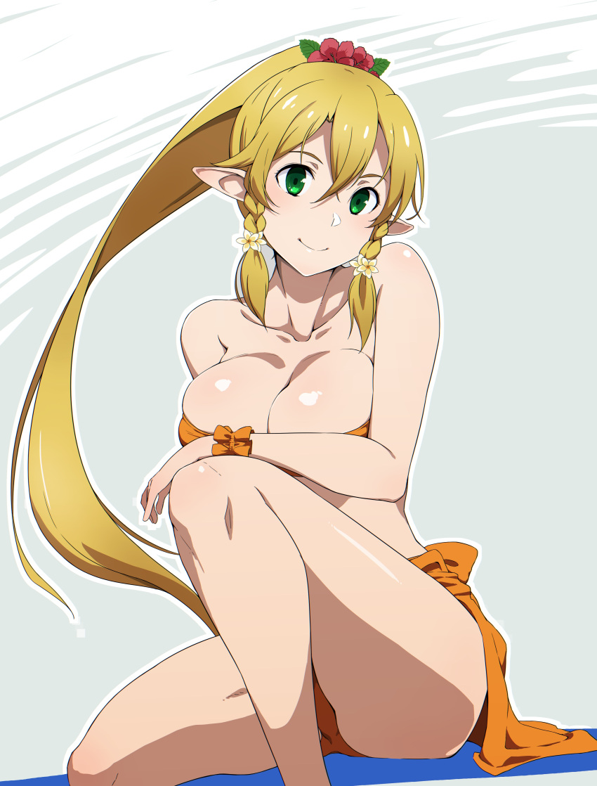 1girl absurdres bandeau bikini blonde_hair braid breasts cleavage elf fairy_(sao) flower green_eyes hair_between_eyes hair_flower hair_ornament highres knee_up large_breasts leafa long_hair looking_at_viewer orange_bikini pointy_ears ponytail puge simple_background smile solo swimsuit sword_art_online twin_braids very_long_hair