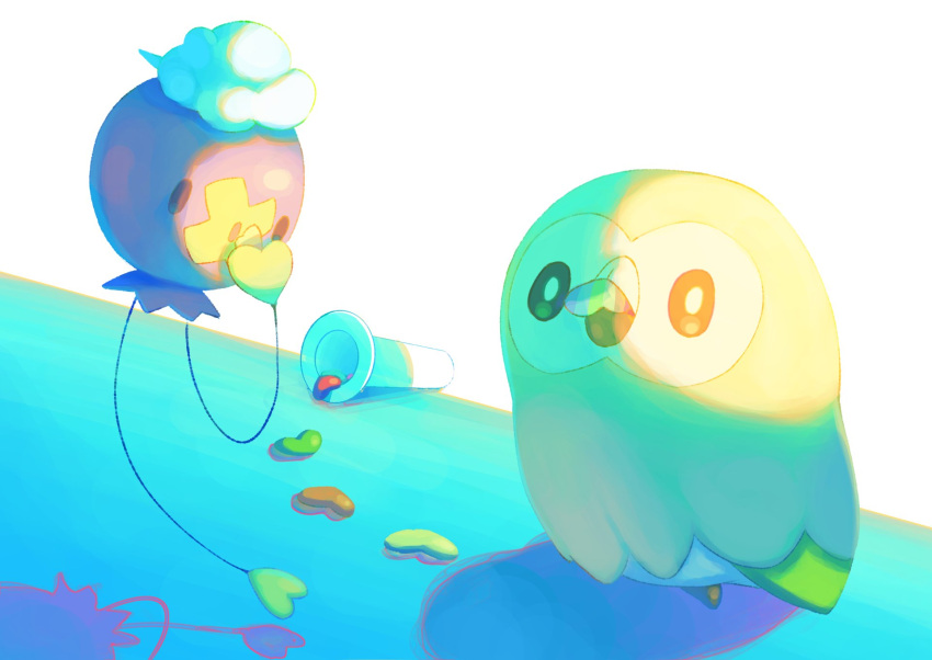 beans bird bright_pupils brown_eyes commentary_request drifloon eating highres holding mokukitusui mouth_hold no_humans pokemon pokemon_(creature) rowlet standing white_background