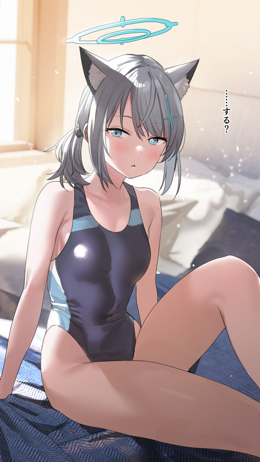 1girl :o absurdres animal_ear_fluff animal_ears arm_support bedroom blue_archive blush breasts commentary_request competition_swimsuit covered_navel extra_ears grey_hair half-closed_eyes halo highres indoors knee_up looking_at_viewer medium_breasts mismatched_pupils multicolored_clothes multicolored_swimsuit official_alternate_costume on_bed one-piece_swimsuit shiroko_(blue_archive) shiroko_(swimsuit)_(blue_archive) side_ponytail sitting skin_tight solo subachi sunlight swimsuit wolf_ears