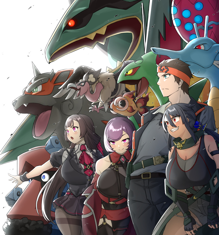 1boy 3girls absurdres aged_up arm_strap bandeau bare_shoulders between_breasts black_gloves black_hair black_pants black_pantyhose black_scarf black_shirt black_skirt black_tank_top black_vest blunt_bangs bodystocking breast_strap breasts brendan_(pokemon) brown_hair chi-yu_(pokemon) cleavage clenched_teeth coat collarbone collared_shirt commentary_request courtney_(pokemon) covered_navel cowboy_shot cutoffs dark-skinned_female dark_skin elbow_gloves fingerless_gloves frown garter_straps gauntlets gloves green_eyes grey_shorts group_picture hair_between_eyes hair_ribbon headband highres hisuian_arcanine hizakake huge_breasts kingdra leaning_forward long_hair looking_to_the_side low_ponytail mandibuzz mega_pokemon mega_rayquaza mega_sceptile multiple_girls necktie off-shoulder_coat off_shoulder open_clothes open_mouth open_vest orange_headband pants pantyhose pink_eyes pink_necktie pleated_skirt pokemon pokemon_(creature) pokemon_(game) pokemon_oras probopass purple_eyes purple_hair rayquaza red_bandeau red_coat red_eyes red_skirt regidrago ribbon roxanne_(pokemon) scarf sceptile shirt short_hair short_sleeves shorts sidelocks simple_background single_garter_strap single_leg_pantyhose single_thighhigh skirt smile standing strap_between_breasts swept_bangs tank_top teeth thighband_pantyhose thighhighs twintails upper_teeth_only very_long_hair vest waist_cape white_background white_shirt wrist_cuffs zinnia_(pokemon)