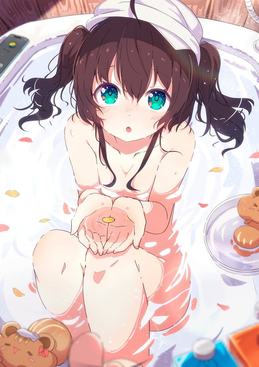1girl :o absurdres ahoge bath bathing bathtub breasts brown_hair collarbone commentary green_eyes hair_between_eyes hands_up highres hololive knees_up looking_at_viewer natsuiro_matsuri nude okota_mikan parted_lips partially_submerged petals petals_on_liquid sitting small_breasts solo symbol-only_commentary twintails virtual_youtuber water