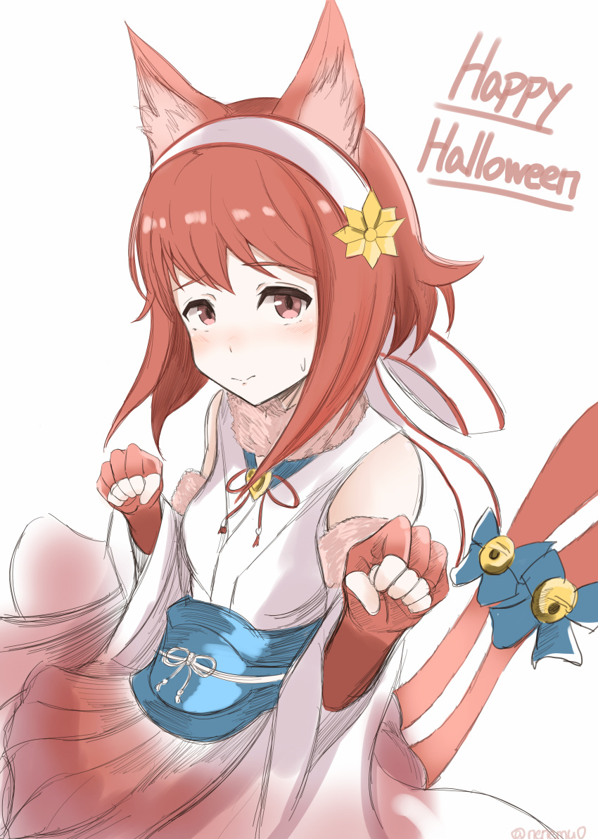 1girl absurdres animal_ears bare_shoulders cat_ears cat_tail closed_mouth detached_sleeves fake_animal_ears fake_tail fingerless_gloves fire_emblem fire_emblem_fates fire_emblem_heroes gloves hairband halloween_costume happy_halloween highres looking_at_viewer nenemu0 official_alternate_costume pink_eyes pink_gloves pink_hair sakura_(fire_emblem) sakura_(halloween)_(fire_emblem) solo sweatdrop tail twitter_username white_background white_hairband