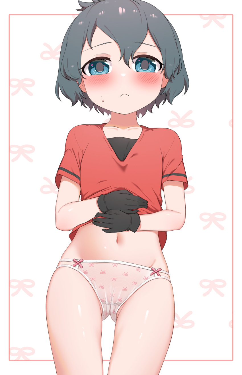 1girl absurdres black_hair blue_eyes blush bow bow_panties breasts cameltoe chis_(js60216) gloves highres kaban_(kemono_friends) kemono_friends looking_at_viewer midriff navel panties red_shirt see-through shirt short_hair small_breasts solo underwear