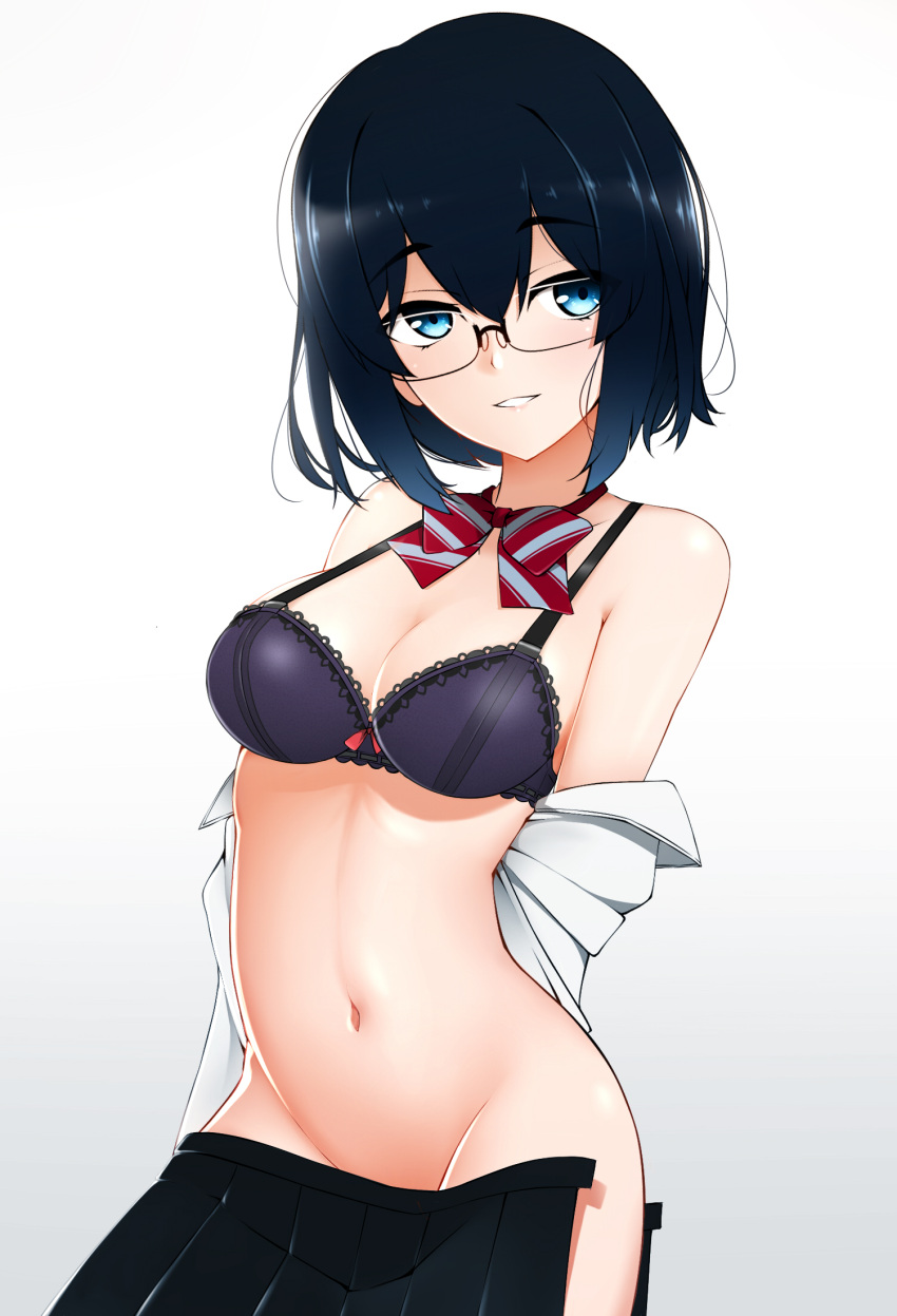 1girl black-framed_eyewear black_skirt blue_eyes blue_hair bow bowtie bra breasts censored cleavage dark_blue_hair glasses hair_between_eyes highres looking_at_viewer medium_breasts navel open_clothes open_shirt original pleated_skirt purple_bra red_bow red_bowtie semi-rimless_eyewear shirt short_hair simple_background skirt smile solo stomach striped striped_bow striped_bowtie under-rim_eyewear underwear undressing white_background white_shirt z.taiga