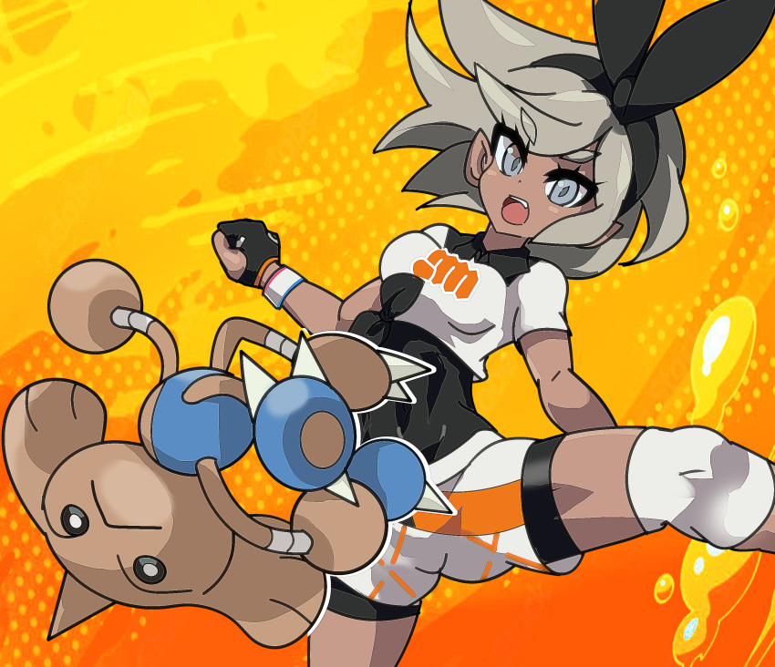 1girl bea_(pokemon) black_bodysuit black_hairband bodysuit bodysuit_under_clothes bow_hairband clenched_hand collared_shirt commentary_request dark-skinned_female dark_skin dynamax_band gloves grey_eyes grey_hair guchurimu_genrishugi hair_between_eyes hairband highres hitmontop knee_pads looking_at_viewer open_mouth partially_fingerless_gloves pokemon pokemon_(creature) pokemon_(game) pokemon_swsh print_shirt print_shorts shirt short_sleeves shorts teeth tongue upper_teeth_only yellow_background