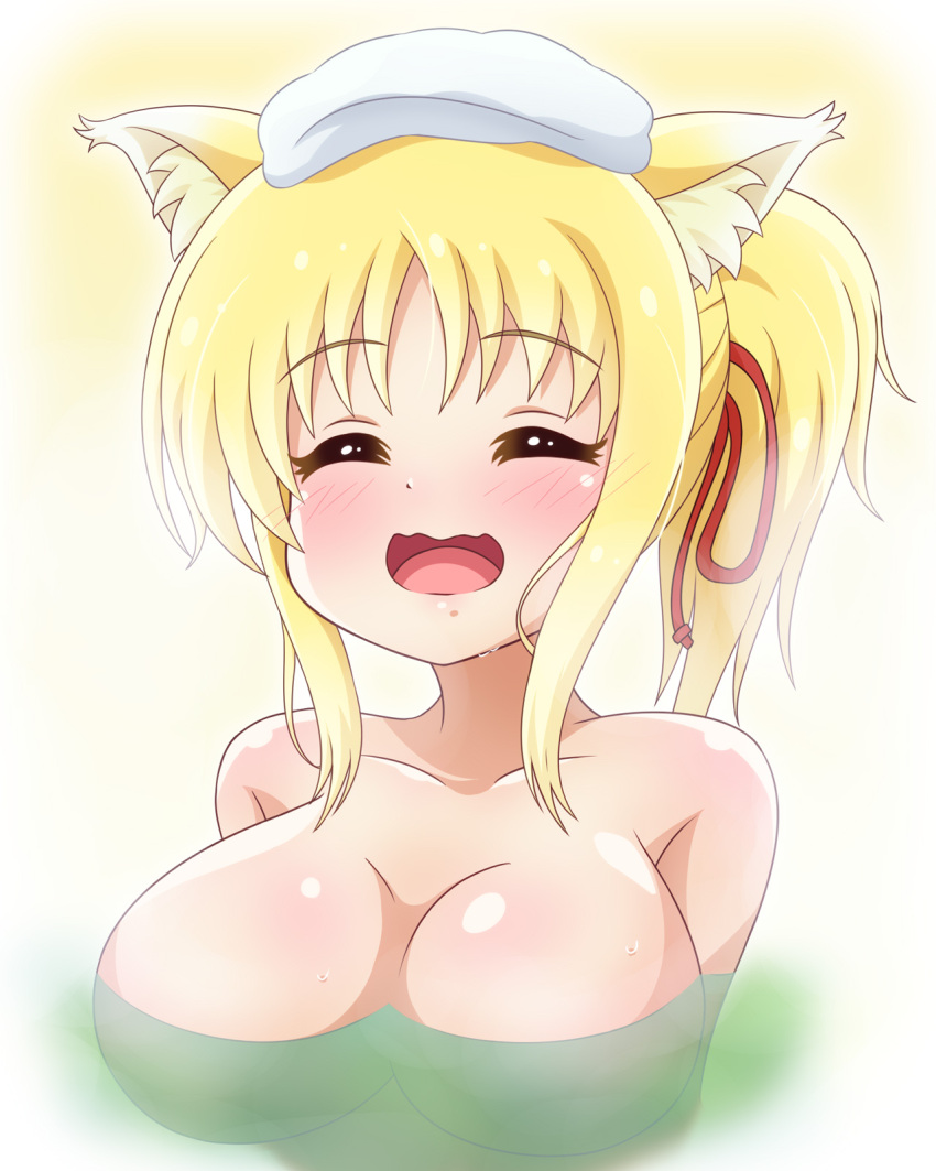 1girl animal_ears bath bathing blonde_hair blush breasts cleavage closed_mouth collarbone dog_days fox_ears fox_girl happy highres large_breasts nude open_mouth partially_submerged ponytail solo steam water wet yosuzu yukikaze_panettone