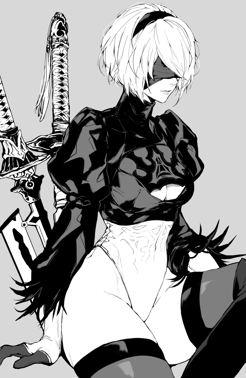 1girl 2b_(nier:automata) absurdres black_hairband blindfold boots breasts cleavage cleavage_cutout closed_mouth clothing_cutout commentary cowboy_shot elbow_gloves feather-trimmed_sleeves feather_trim foot_out_of_frame gloves grey_background greyscale hairband highleg highleg_leotard highres juliet_sleeves katana knee_up leotard long_sleeves medium_breasts monochrome nier:automata nier_(series) nishiii26miii pink_lips puffy_sleeves short_hair simple_background sitting solo spot_color swept_bangs sword thigh_boots thighhighs thighs turtleneck turtleneck_leotard weapon white_hair