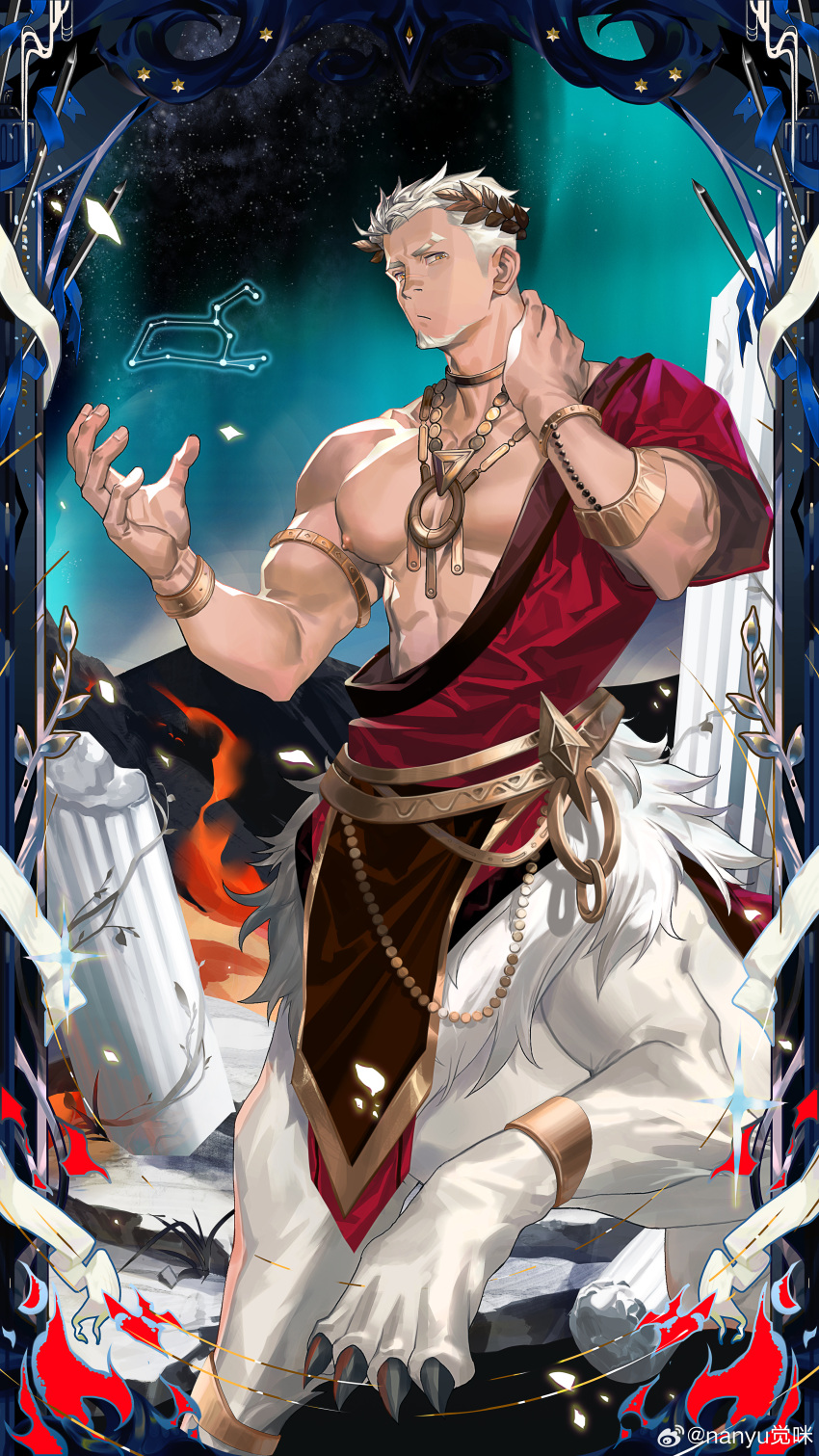 1boy :/ abs absurdres alter_servant alternate_costume alternate_hair_color ancient_greek_clothes armlet bara bare_pectorals beast_servant biceps card_(medium) centaur column constellation constellation_request destroyed eyebrow_cut facial_hair fate/grand_order fate_(series) feet_out_of_frame fire frown goatee gold_bracelet gold_collar gold_necklace gradient_sky hand_on_own_neck hand_up highres jewelry large_pectorals laurel_crown light_particles looking_at_viewer male_focus mature_male monsterification muscular muscular_male nanyu1998 napoleon_bonaparte_(fate) necklace nipples no_scar pectorals pelvic_curtain pillar red_robe robe ruins servant_card_(fate/grand_order) short_hair sideburns single_bare_shoulder sky solo stairs taur temple_of_time tentacles thick_eyebrows v-taper white_fur white_hair yellow_eyes