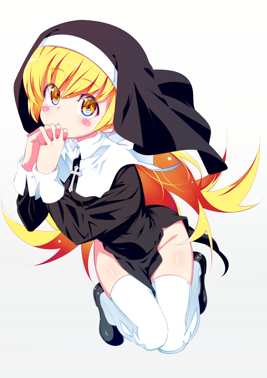 1girl :o alternate_costume black_dress black_footwear blonde_hair blush_stickers coif commentary_request cross cross_necklace dress hair_between_eyes highres interlocked_fingers jewelry long_hair looking_at_viewer monogatari_(series) necklace nun oshino_shinobu own_hands_together parted_lips side_slit simple_background solo tanabe_kyou thighhighs very_long_hair white_background white_thighhighs