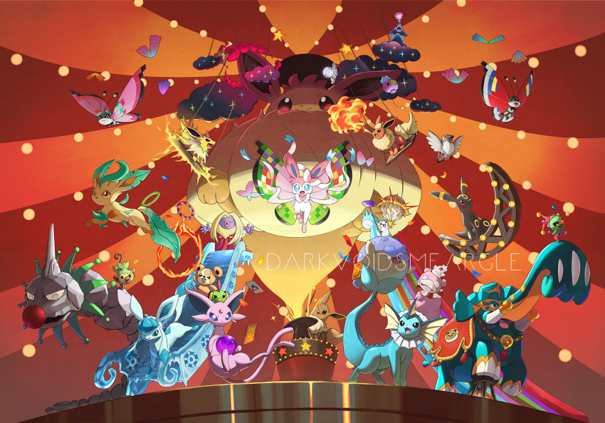 artist_name blue_eyes breathing_fire brown_eyes card circus circus_tent cloud clown_nose copperajah darkvoiddoble drifloon eevee electricity english_commentary espeon fire flareon gigantamax gigantamax_eevee glaceon grookey hat highres hoop jester_cap jolteon jynx leafeon magician mime_jr. natu no_humans on_crescent one_eye_closed onix pachirisu pidove playing_card pokemon popplio red_eyes slowking spheal stage stairs star_(symbol) staryu swing teddiursa top_hat umbreon vaporeon vivillon vivillon_(fancy) vivillon_(meadow) vivillon_(modern) wand