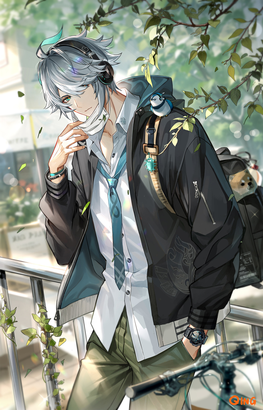 1boy against_railing ahoge alhaitham_(genshin_impact) animal_on_shoulder aqua_eyes backpack bag bicycle bird bird_on_shoulder black_bag black_jacket blue_necktie blurry blurry_background bracelet branch closed_mouth collared_shirt cowboy_shot day falling_leaves genshin_impact grey_hair ground_vehicle hair_over_one_eye hand_in_pocket hand_up headset highres hood hood_down hooded_jacket jacket jewelry leaf long_sleeves looking_at_viewer loose_necktie male_focus mask mouth_mask necktie open_clothes outdoors qing railing school_uniform shiba_inu shirt solo standing surgical_mask swept_bangs tree watch white_shirt wristwatch zipper