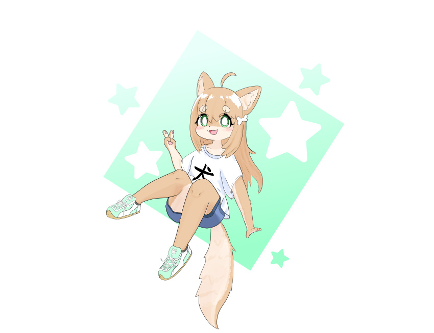4_fingers abstract_background absurd_res accessory anthro blush bone canid canine canis chii-chan_(tsurikichiyuyu) chio clothing domestic_dog female fingers footwear green_eyes hair_accessory hi_res inner_ear_fluff mammal multicolored_body pawpads shirt shoes simple_background solo star t-shirt tan_far teal_background topwear tuft two_tone_body