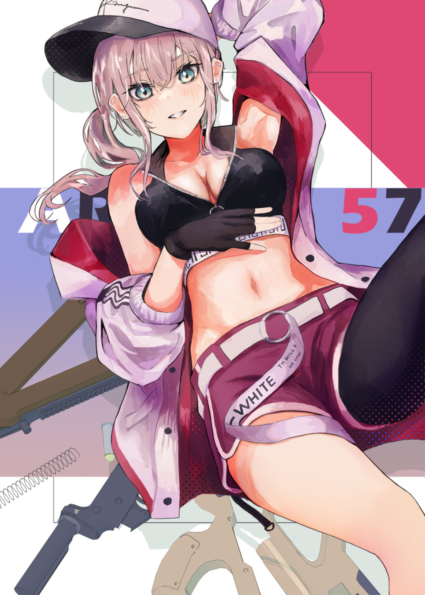 1girl ar-57_(girls'_frontline) bare_shoulders baseball_cap belt black_gloves black_thighhighs breasts commentary crop_top dolphin_shorts fingerless_gloves girls'_frontline gloves green_eyes hat highres jacket large_breasts long_sleeves looking_at_viewer midriff navel open_clothes open_jacket pink_hair red_shorts reraise shorts side_ponytail single_thighhigh smile solo thighhighs white_belt white_jacket
