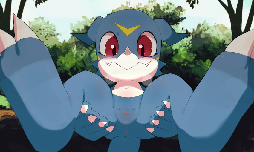 anthro anus bandai_namco blue_body blush bodily_fluids butt clitoris countershading digimon digimon_(species) fangs female forest forest_background genitals hanaman head_markings hi_res looking_at_viewer markings nature nature_background plant pussy smile solo spread_butt spread_legs spreading sweat teeth tree veemon