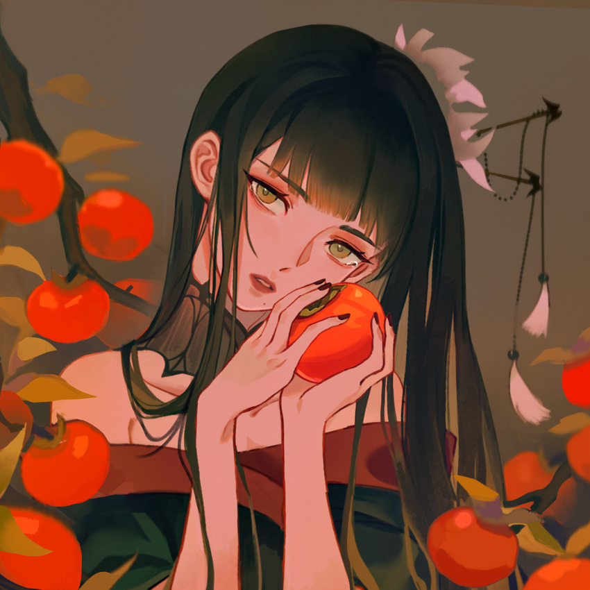 1girl bare_shoulders black_collar black_hair black_kimono black_nails blunt_bangs branch brown_background collar collarbone final_fantasy final_fantasy_xiv flower food fruit green_eyes hair_flower hair_ornament hair_stick hands_up head_tilt highres holding holding_food holding_fruit hyur japanese_clothes kimono lace_collar leaf long_hair looking_at_viewer mole mole_under_mouth nail_polish off_shoulder parted_lips persimmon portrait simple_background solo straight_hair tearing_up tears xiang_wan_wei_wan yotsuyu_goe_brutus