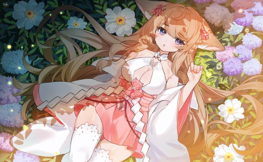 1girl absurdres animal_ear_fluff animal_ears bare_shoulders blue_eyes blue_flower breasts brown_hair cat_ears cheli_(kso1564) cleavage cleavage_cutout clothing_cutout commentary_request feet_out_of_frame flower hand_up highres hydrangea long_hair long_sleeves looking_at_viewer lying medium_breasts mole mole_on_breast on_back parted_lips pink_flower pink_skirt pleated_skirt sakurai_hana skirt solo thighhighs vdonburi very_long_hair virtual_youtuber white_flower white_thighhighs wide_sleeves
