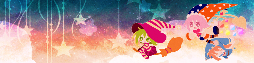 1girl 2boys =_= black_thighhighs blue_footwear blue_jacket blue_shorts blush_stickers bright_pupils broom broom_riding brown_footwear cape chibi closed_mouth commentary_request film_grain foot_grab gold_trim green_eyes green_hair gryll_(kirby) hat heart heart-shaped_pupils highres hood hooded_jacket jacket jester_cap kirby_(series) light_brown_hair long_sleeves magolor marx_(kirby) medium_hair multicolored_clothes multicolored_headwear multicolored_pantyhose multicolored_shirt multicolored_shorts multiple_boys neck_ribbon no_nose open_mouth pantyhose personification pink_eyes pink_hair pink_ribbon pink_skirt ribbon shirt shorts skirt sleeves_past_fingers sleeves_past_wrists smile star-shaped_pupils star_(symbol) striped striped_headwear striped_pantyhose striped_shirt sweat symbol-shaped_pupils thighhighs usagi_nui white_cape white_pupils wide_image witch_hat yellow_shirt