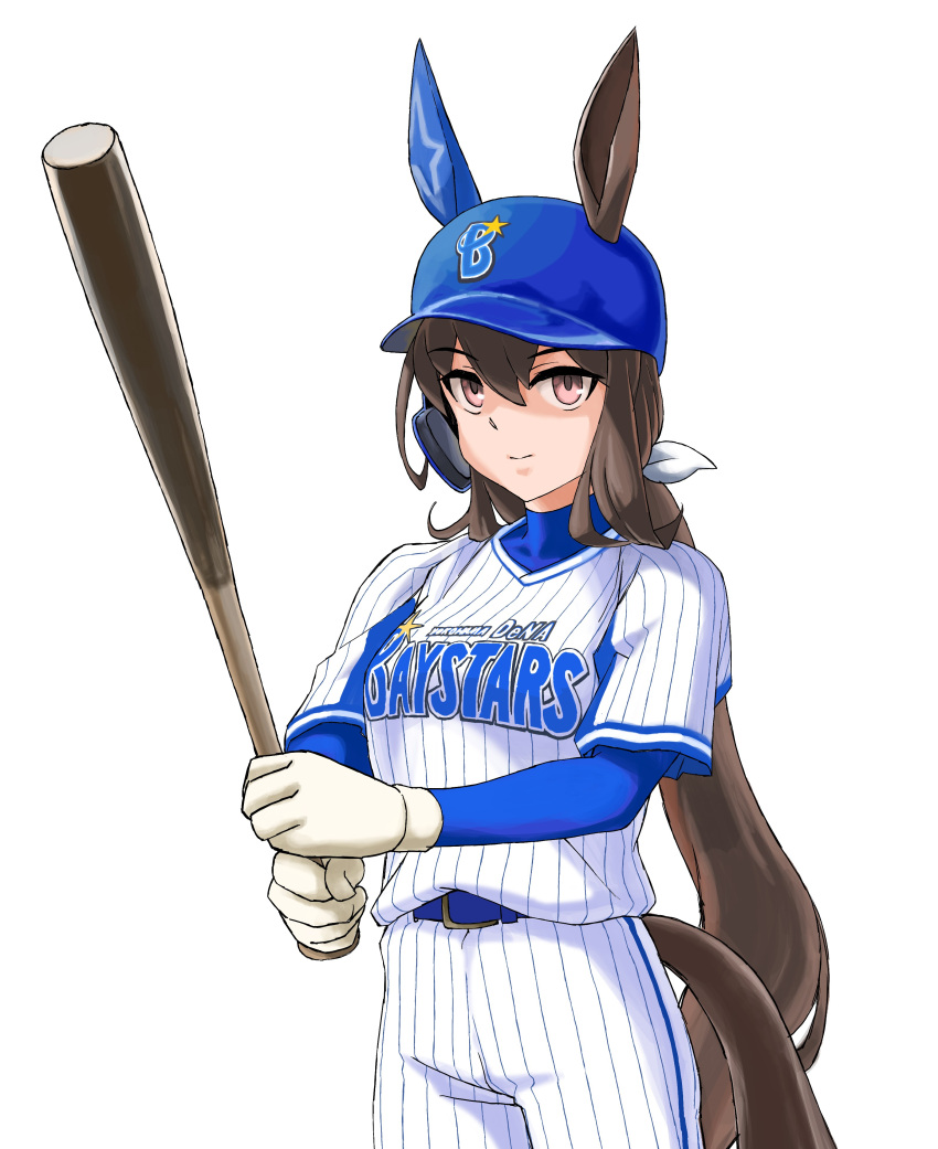 1girl absurdres admire_vega_(umamusume) baseball_bat baseball_uniform blue_headwear brown_eyes gloves hair_between_eyes highres holding holding_baseball_bat horse_girl long_hair looking_at_viewer nippon_professional_baseball shirt simple_background solo sportswear standing tail tori_no_teriyaki umamusume very_long_hair white_background white_gloves white_shirt yokohama_dena_baystars