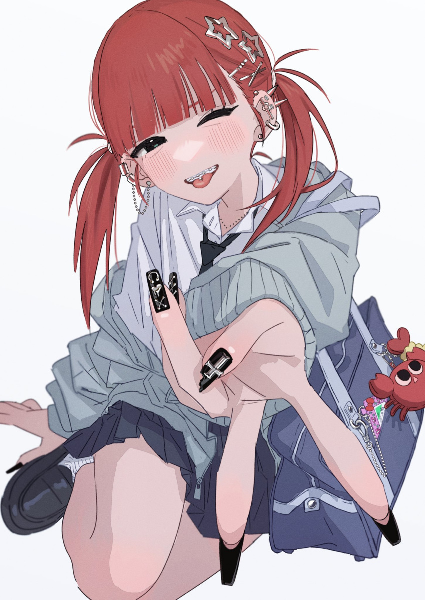 1girl bag black_eyes blunt_bangs blush braces chain_earrings chipped_nails collared_shirt crab crossed_legs decorations ear_piercing earclip earrings fingernails full_body grey_hoodie gyaru hair_ornament hairband hairpin hamafugu hand_on_floor highres hood hoodie jacket jewelry legs loafers long_sleeves looking_at_viewer medium_hair multiple_hairpins nail_polish necklace necktie off_shoulder one_eye_closed open_mouth original piercing pleated_skirt reaching reaching_towards_viewer red_hair school_bag school_uniform shirt shoes simple_background single_off_shoulder sitting skirt socks solo star_(symbol) star_hair_ornament teeth tongue tongue_out twintails v white_background white_shirt white_socks