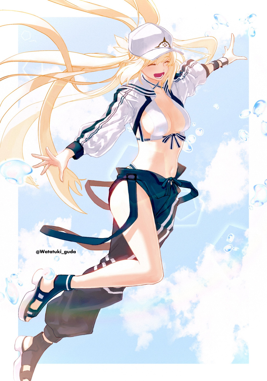 1girl artoria_caster_(fate) artoria_caster_(swimsuit)_(fate) artoria_pendragon_(fate) bare_legs bikini black_pants blonde_hair blue_sky bracelet closed_mouth cloud cloudy_sky fate/grand_order fate_(series) highres jacket jewelry long_hair ornament pants ribbon sky smile swimsuit teeth twintails watatuki_guda water white_bikini white_headwear white_jacket