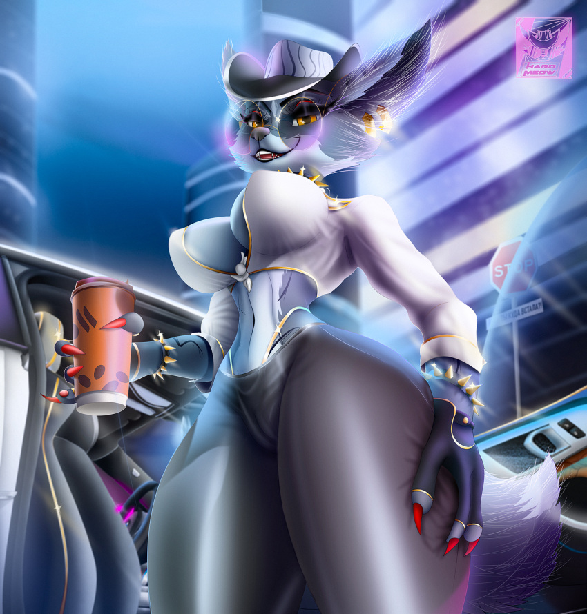 anthro argiopa beverage big_breasts big_butt blizzard_entertainment bmw breasts butt camel_toe canid canine car city clothed clothing coffee collar colored_nails container cup detailed ear_piercing female fennec fox gloves grabbing handwear hardmeow hi_res jewelry leg_grab leggings legwear low-angle_view mammal mommy_kink nails night open_clothing open_shirt open_topwear panties piercing red_nails shirt sky smile solo spiked_gloves spikes tail thick_thighs tight_clothing topwear underwear vehicle vulpera warcraft wide_hips