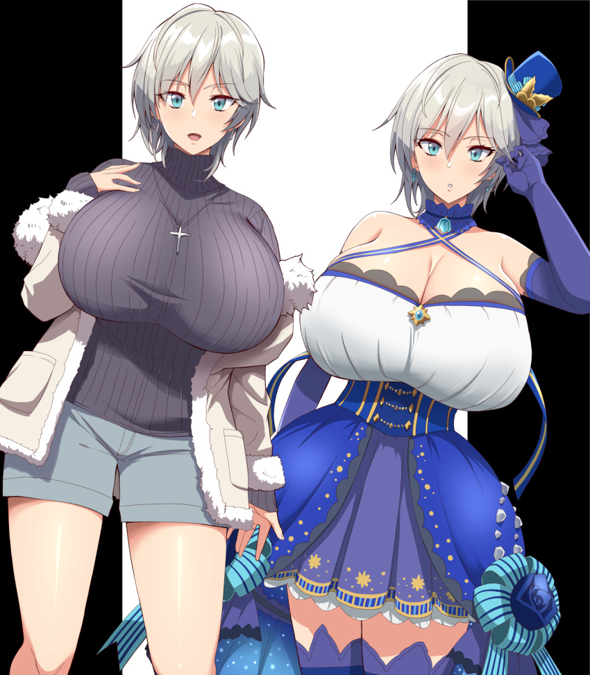 1girl alternate_breast_size anastasia_(idolmaster) bare_shoulders black_sweater blue_choker blue_corset blue_eyes blue_flower blue_headwear blue_ribbon blue_rose breasts choker cleavage commission corset criss-cross_halter cross cross_necklace dress earrings elbow_gloves flower fur-trimmed_jacket fur_trim gloves grey_hair grey_jacket grey_shorts hair_between_eyes halterneck hand_on_own_chest hand_up hat highres huge_breasts idol_clothes idolmaster idolmaster_cinderella_girls jacket jewelry kloah mini_hat multicolored_clothes multicolored_dress necklace off_shoulder open_mouth pleated_skirt pocket purple_gloves purple_skirt ribbed_sweater ribbon rose short_hair shorts skeb_commission skirt striped striped_ribbon sweater thighhighs turtleneck turtleneck_sweater