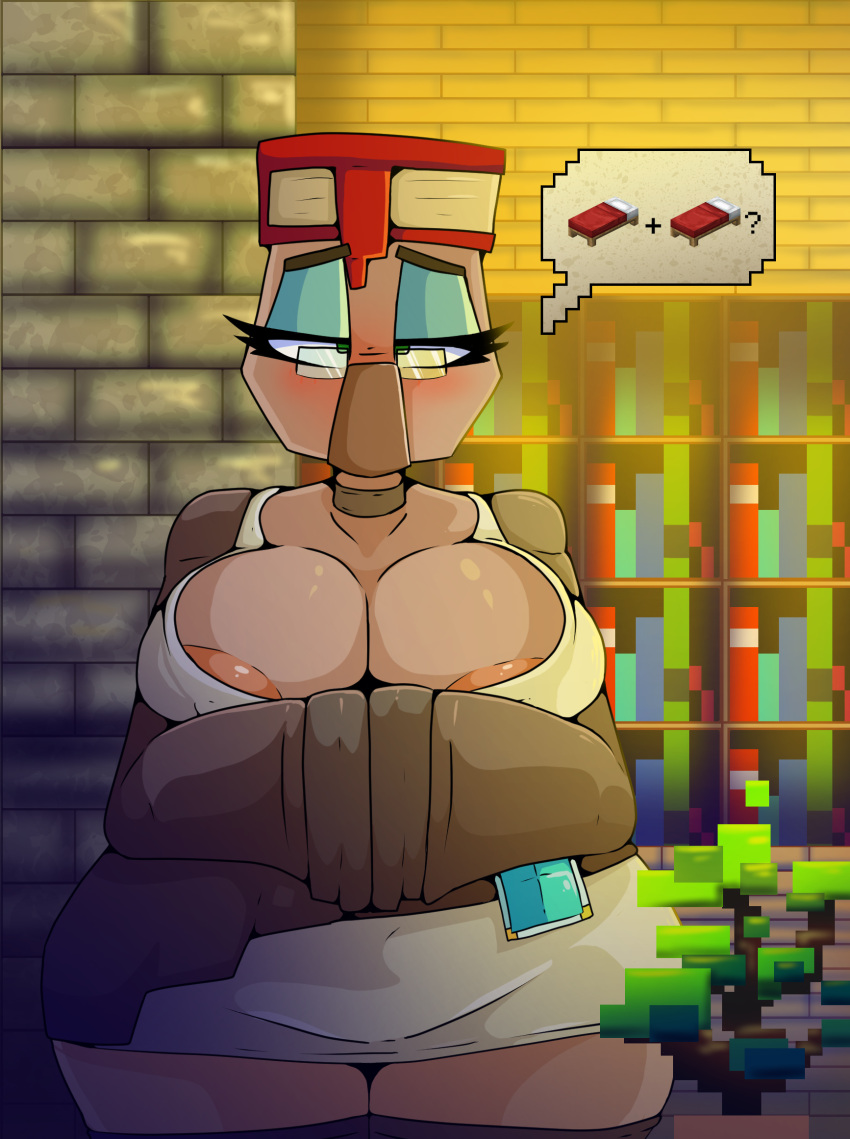 areola areola_slip bed big_breasts big_nose blush bookshelf breasts choker clothing eyewear furniture glasses hi_res iguanasarecool inside jewelry microsoft minecraft mojang necklace plant robe speech_bubble tan_body tan_skin thick_thighs tree villager_(minecraft) wide_hips xbox_game_studios