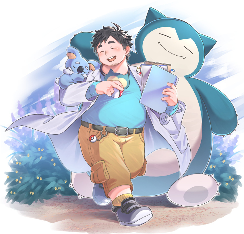 blue_shirt bush eye_mask facial_hair goatee grass highres holding holding_notebook holding_poke_ball keychain komala labcoat male_focus neroli_(pokemon) notebook osu(statatatatatata) plump poke_ball pokemon pokemon_sleep shirt smile snorlax thick_eyebrows walking