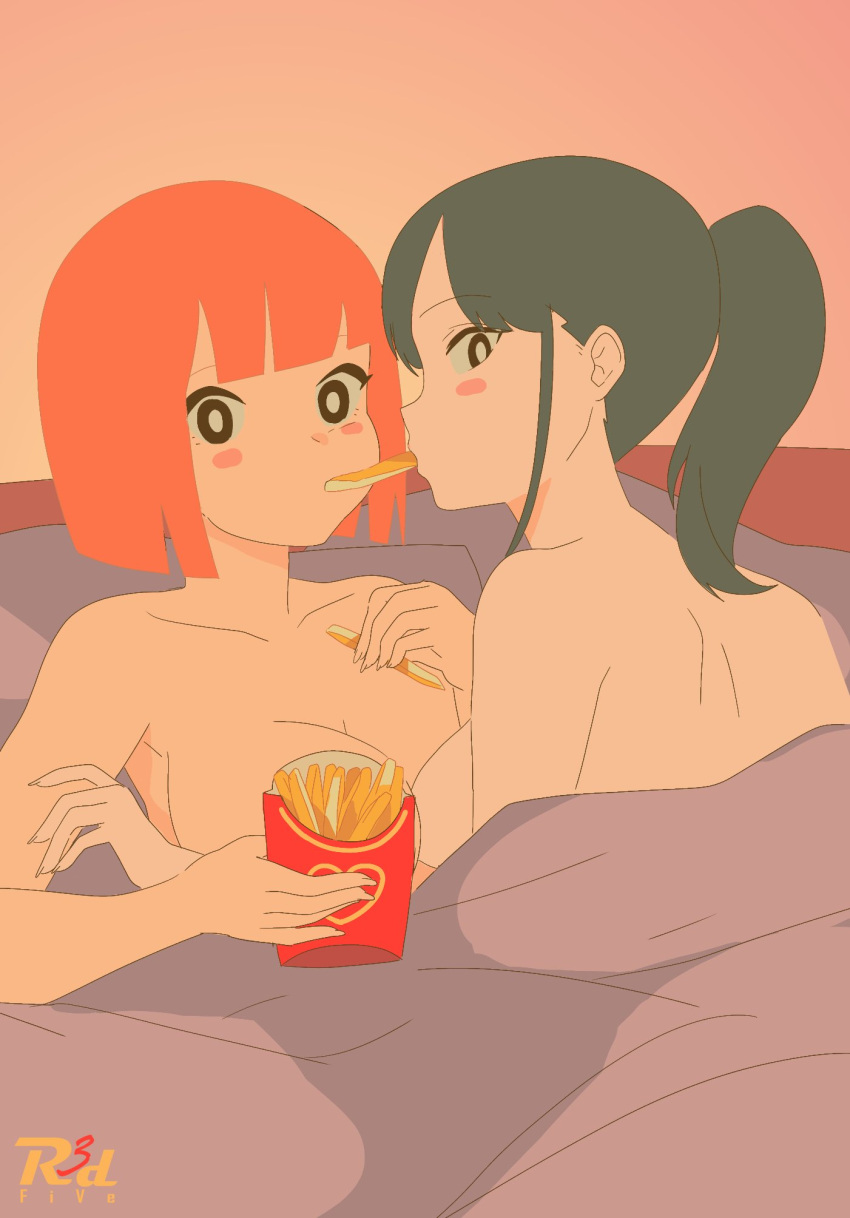 2girls bed black_hair blanket blush_stickers bob_cut breasts completely_nude eating food french_fries girlfriend_(yoru_mac) highres looking_at_viewer mcdonald's mother_(yoru_mac) multiple_girls nude orange_hair pillow ponytail r3dfive sharing_food short_hair under_covers yoru_mac yuri