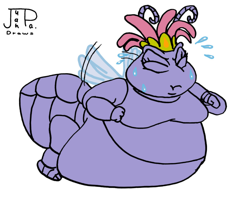 2021 a_bug's_life ant antennae_(anatomy) arthropod bodily_fluids clenched_fists disney eyes_closed female flower_hair_accessory hi_res hymenopteran insect insect_wings juanpadraws mouth_closed obese overweight pixar princess_atta purple_body purple_skin signature simple_background solo sweat trying_to_fly weight_gain white_background wings