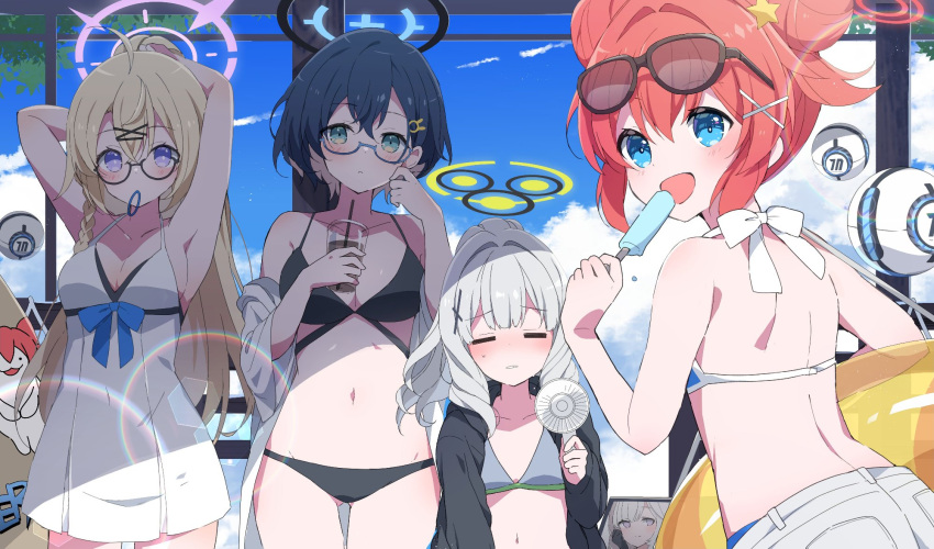 4girls :d ahoge armpits bikini black-framed_eyewear black_bikini black_gloves black_hoodie blonde_hair blue-framed_eyewear blue_archive blue_bikini blue_eyes blue_hair blue_sky breasts chihiro_(blue_archive) closed_eyes collarbone commentary_request double_bun dress_swimsuit electric_fan eyewear_on_head glasses gloves green_eyes grey_bikini grey_hair groin hair_bun hair_ornament hair_tie_in_mouth hairclip hand_fan hare_(blue_archive) highres himari_(blue_archive) holding holding_fan holding_popsicle hood hoodie innertube kotama_(blue_archive) large_breasts long_hair looking_at_viewer maki_(blue_archive) medium_hair mochigome_(ununquadium) mouth_hold multiple_girls navel nazomaki_(blue_archive) one-piece_swimsuit ponytail purple_eyes red_hair semi-rimless_eyewear short_hair shorts sky smile sunglasses swat swimsuit tying_hair white_one-piece_swimsuit