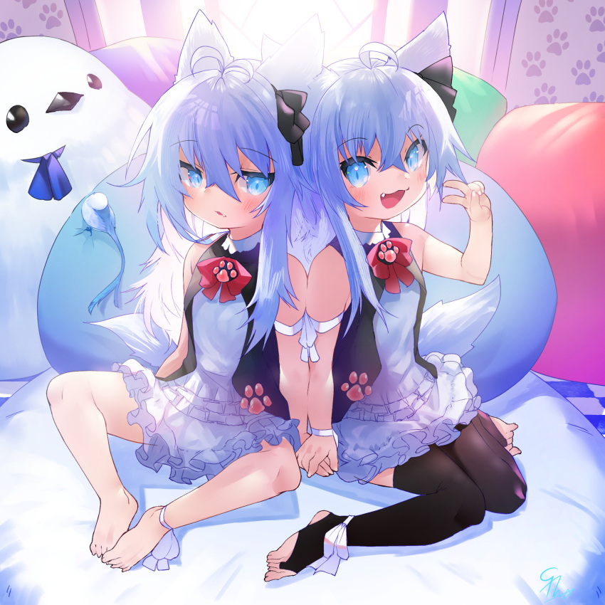 2girls absurdres ahoge animal_ears arm_up barefoot black_shirt black_thighhighs blue_eyes blue_hair dog_ears dog_girl dog_tail dress fang feet highres holding_hands long_hair looking_at_viewer multiple_girls open_mouth original pillow ribbon shirt side-by-side sitting smile stuffed_toy tail thighhighs toba_hiyoko toeless_legwear toes v white_dress