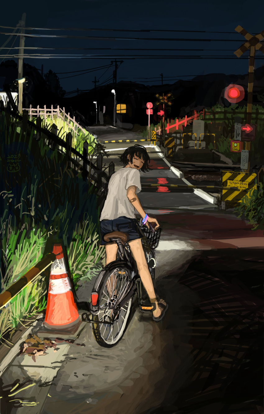 1girl absurdres bandaid bandaid_on_arm barefoot_sandals bicycle black_hair black_shorts blush bracelet closed_eyes commentary_request facing_back facing_viewer fence floating_hair from_behind glowstick highres jewelry lamppost minahamu night open_mouth original outdoors power_lines railroad_crossing railroad_signal railroad_tracks riding riding_bicycle road sandals scenery shirt short_hair short_sleeves shorts smile solo t-shirt tall_grass traffic_barrier traffic_cone utility_pole white_shirt wide_shot