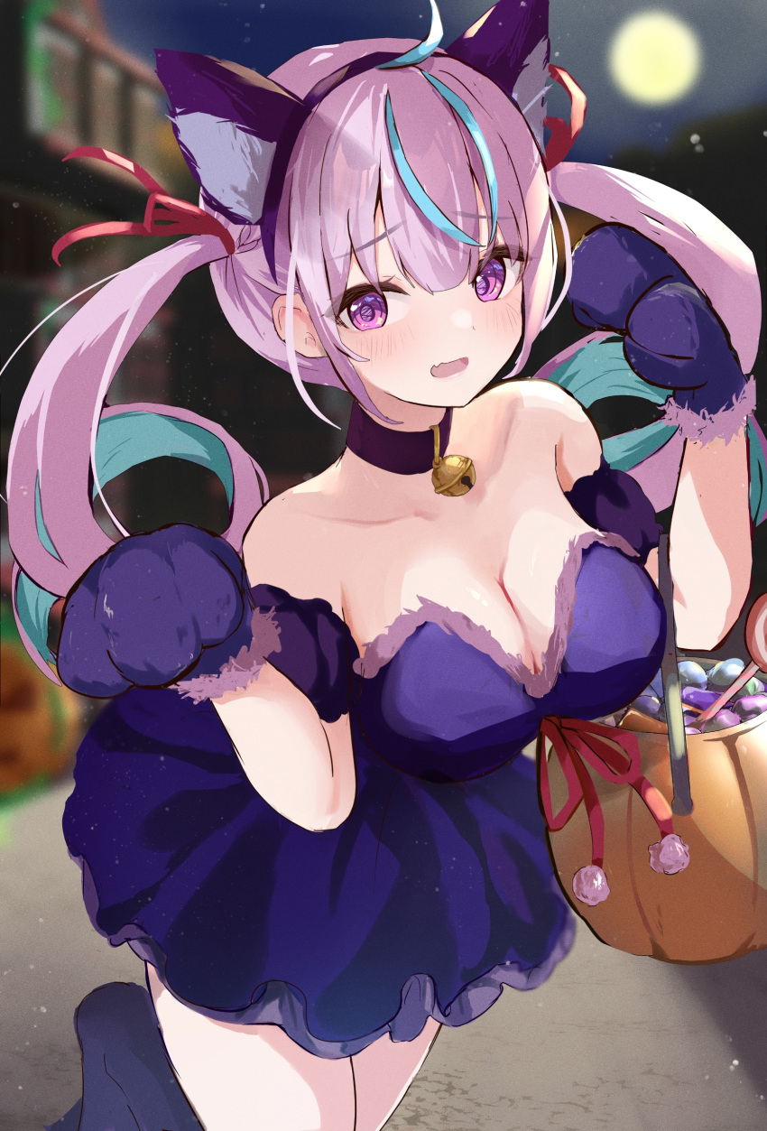 1girl absurdres ahoge alternate_costume animal_ears animal_hands aqua_hair armband bare_shoulders bell blurry blurry_background blush breasts candy cat_ears cat_paws choker cleavage collarbone commentary_request curly_hair dress fake_animal_ears fang food frilled_dress frills full_moon fur-trimmed_dress fur-trimmed_gloves fur_trim gloves hair_ribbon hairband halloween halloween_bucket highres hololive jingle_bell large_breasts lollipop long_hair minato_aqua moon multicolored_hair neck_bell night night_sky open_mouth outdoors paw_gloves paw_pose pink_eyes pink_hair pokeeeo_o pom_pom_(clothes) pumpkin purple_armband purple_choker purple_dress purple_gloves purple_hairband red_ribbon ribbon skin_fang sky sleeveless sleeveless_dress solo strapless strapless_dress streaked_hair thighs twintails two-tone_hair virtual_youtuber