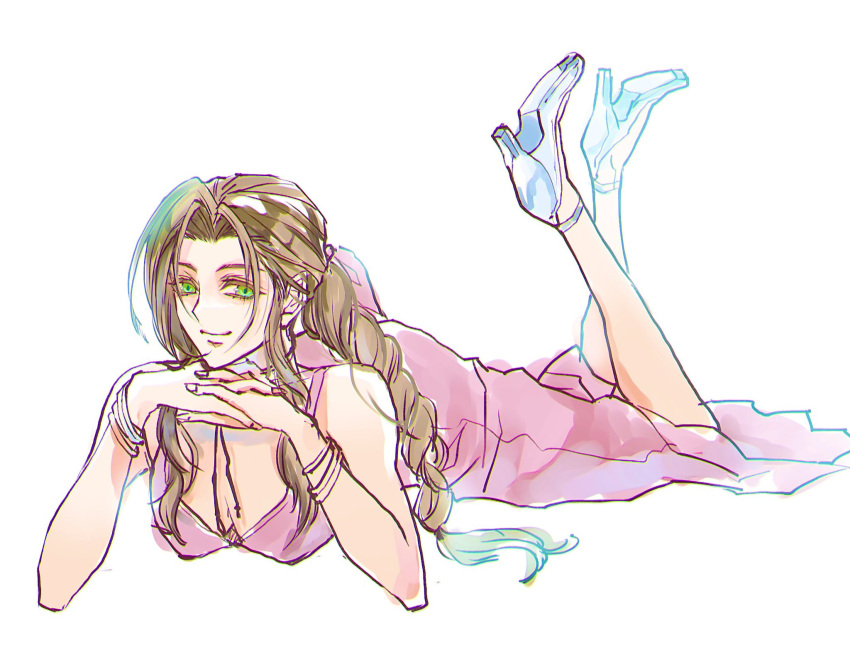 1girl aerith_gainsborough alternate_footwear bangle bare_shoulders bracelet braid braided_ponytail breasts brown_hair choker cleavage closed_mouth crossed_ankles dress eni_(yoyogieni) final_fantasy final_fantasy_vii final_fantasy_vii_remake full_body green_eyes hair_ribbon highres jewelry long_dress long_hair looking_at_viewer lying medium_breasts on_stomach own_hands_clasped own_hands_together parted_bangs pink_dress pink_ribbon ribbon ribbon_choker sidelocks single_braid sketch sleeveless sleeveless_dress smile solo strappy_heels white_background white_footwear