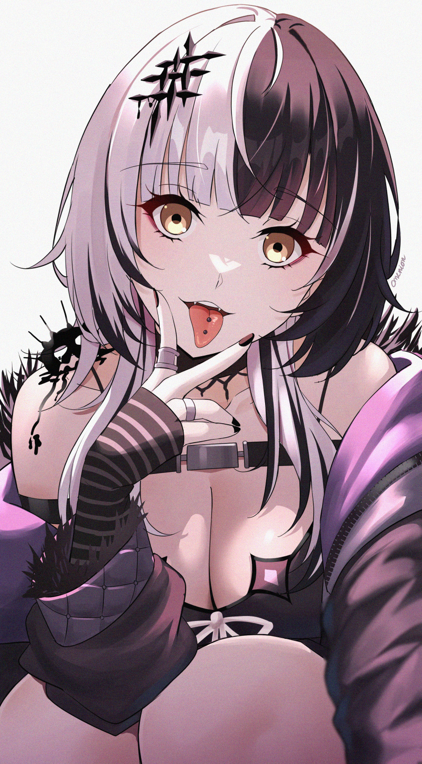 1girl absurdres black_coat black_dress black_gloves black_hair black_nails breasts chest_belt cleavage coat dress elbow_gloves fur-trimmed_coat fur_trim gloves highres hololive hololive_english large_breasts looking_at_viewer multicolored_hair nail_polish omenion piercing shiori_novella split-color_hair striped striped_gloves teeth tongue tongue_out tongue_piercing upper_teeth_only virtual_youtuber white_background white_hair yellow_eyes yorick_(shiori_novella)